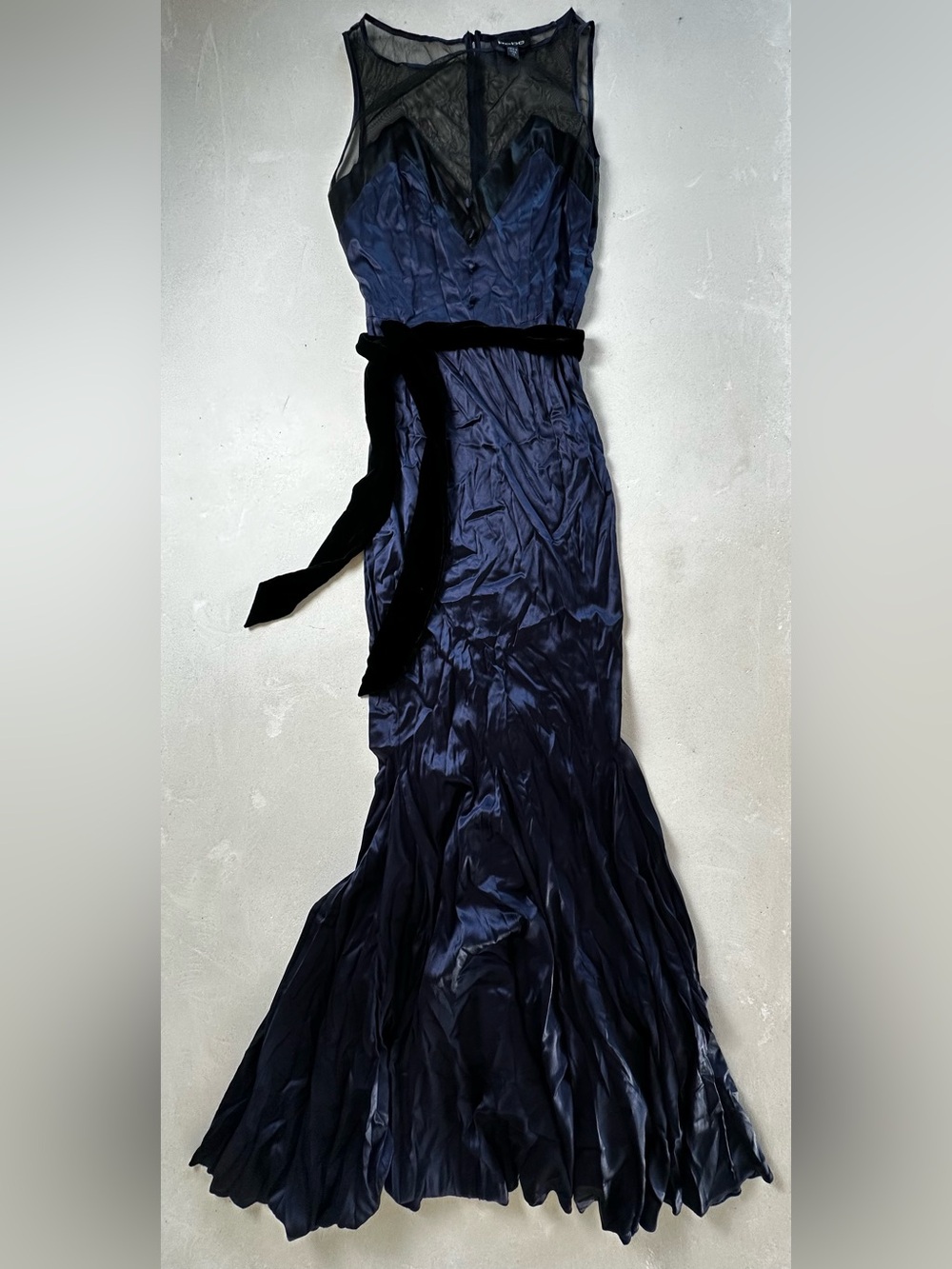 Authentic bebe Women’s Navy Satin Evening Dress with Black Velvet Sash